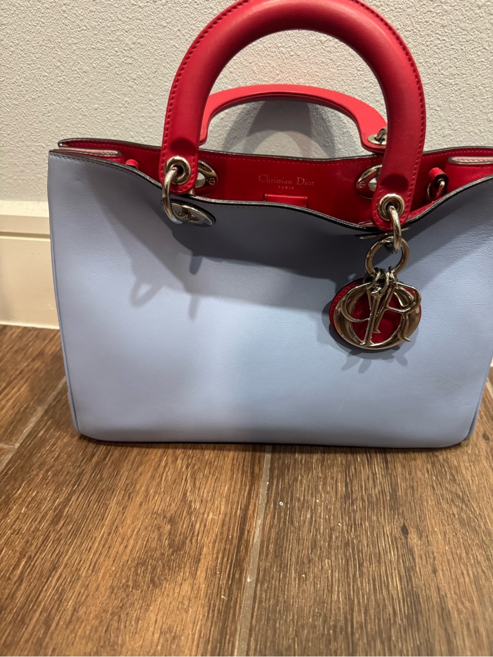 Dior Light Blue and Red Leather Satchel